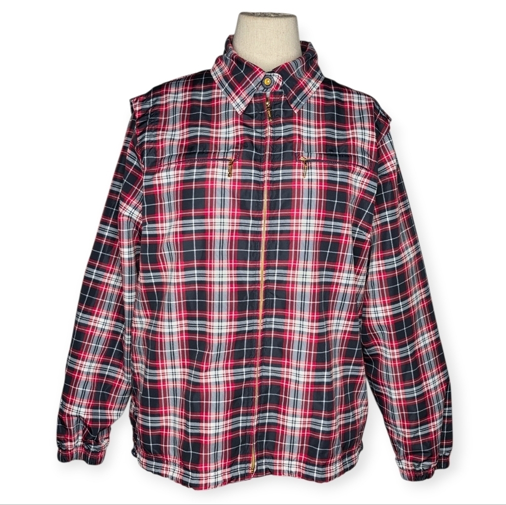 Vintage Catalina Plaid Zip Windbreaker Jacket Navy Red 90s L 12/14 Hong Kong